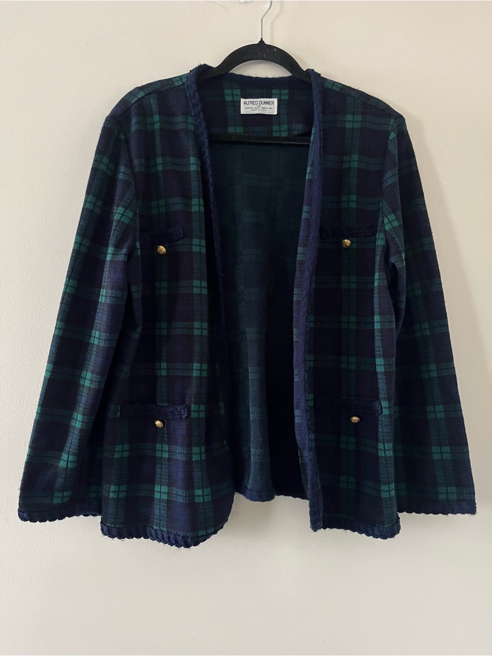 Vintage Navy Blue Green Plaid Cardigan Jacket 12 Gold Buttons Old Money Preppy